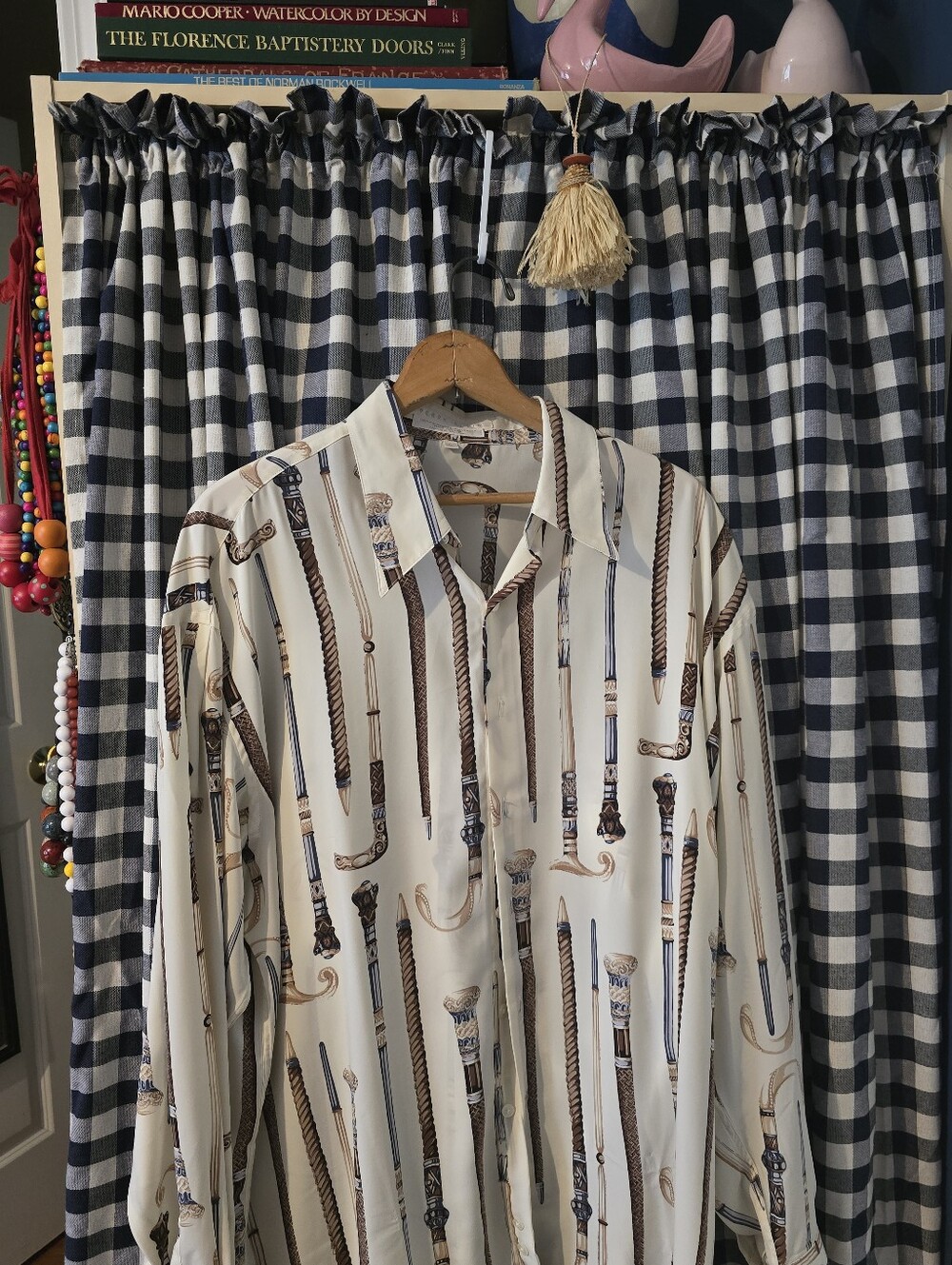 Perry Ellis Cream Blouse with Blue and Brown Print